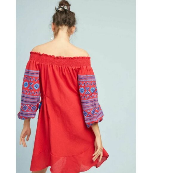 Anthropologie Ranna Gill Off Shoulder Dress Small Red Embroidered Peasant Cotton - Picture 9 of 11